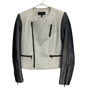 Laveer Faux Cream & Black Leather Moto Jacket with Perforated Sleeves